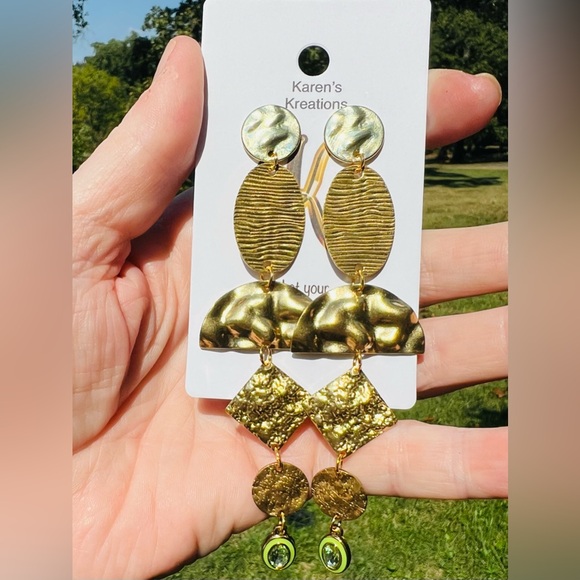Hand Crafted Gold and Green Geometric Earrings - Picture 1 of 2